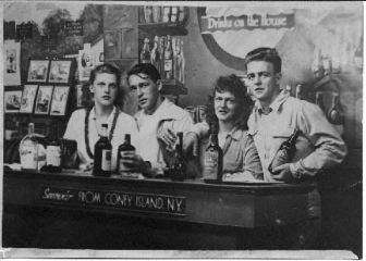 Bill at "bar" with friends (Peggy far left, Jim Burns far right)